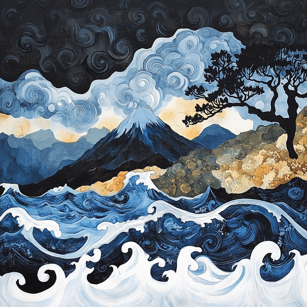 Hokusai Inspired Stormy Mountain Landscape Numbered painting kits