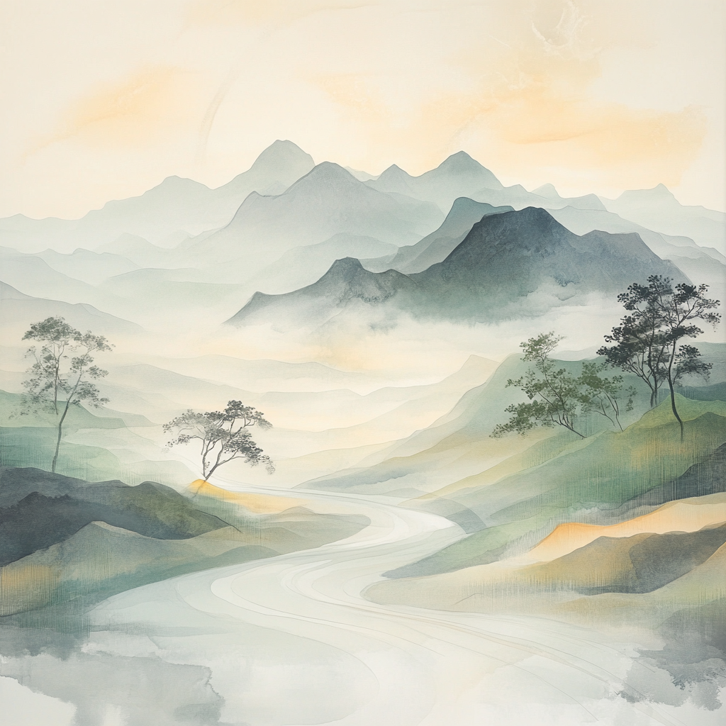 Zhao Mengfu Inspired Misty Mountain Harmony Number painting