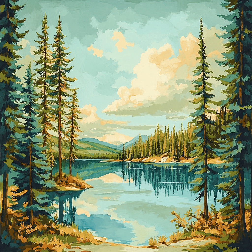 J E H MacDonald Inspired Pine Trees Framing A Shimmering Northern Lake DIY paint by numbers