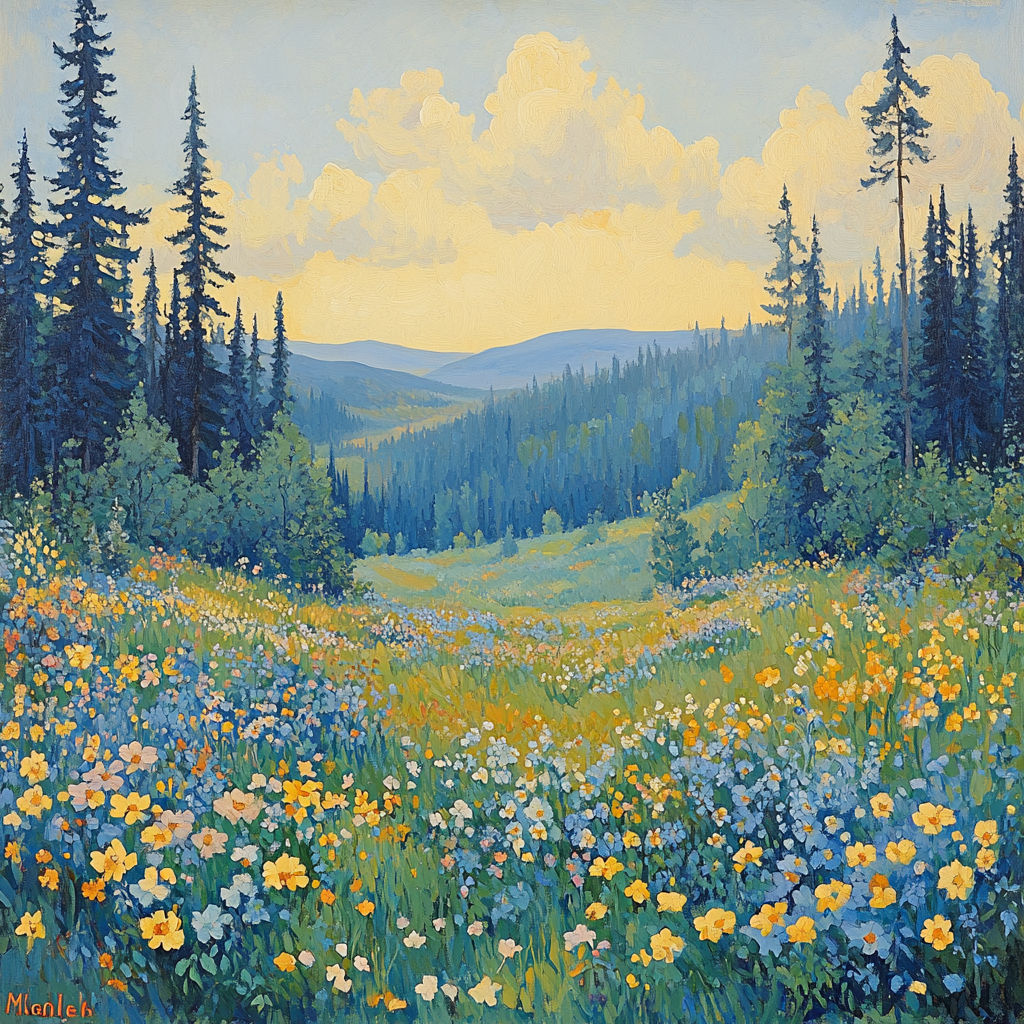 J E H MacDonald Inspired Wildflower Meadow In Morning Mist paint by number