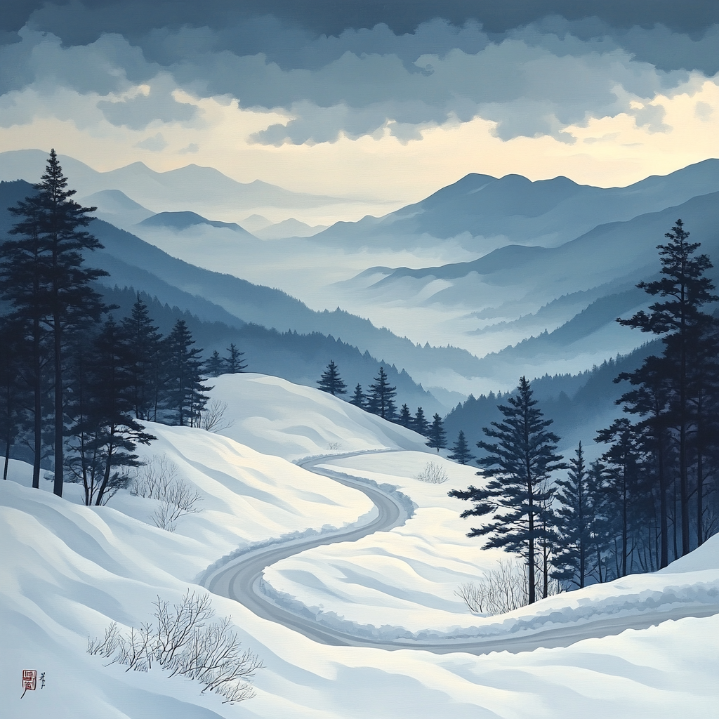 Hiroshige Inspired Snowy Mountain Pass Paint by numbers art