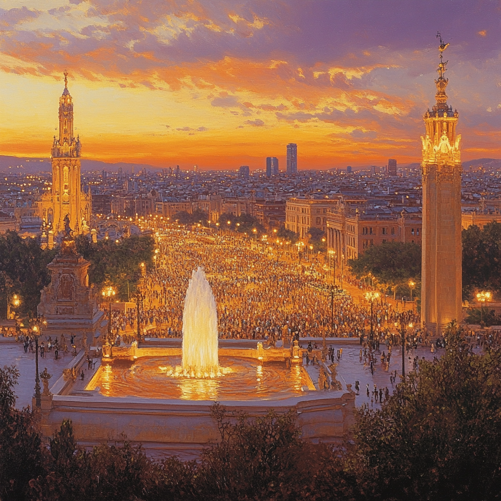Sunset View From Montjuic Hill Plaza Espanya Barcelona Spain DIY paint by numbers