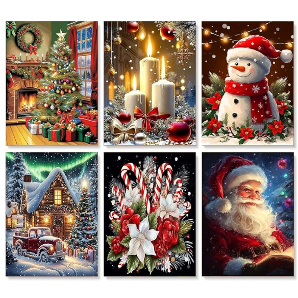 6 Pack Christmas Paint by Numbers Kit DIY Canvas Set Without Frame