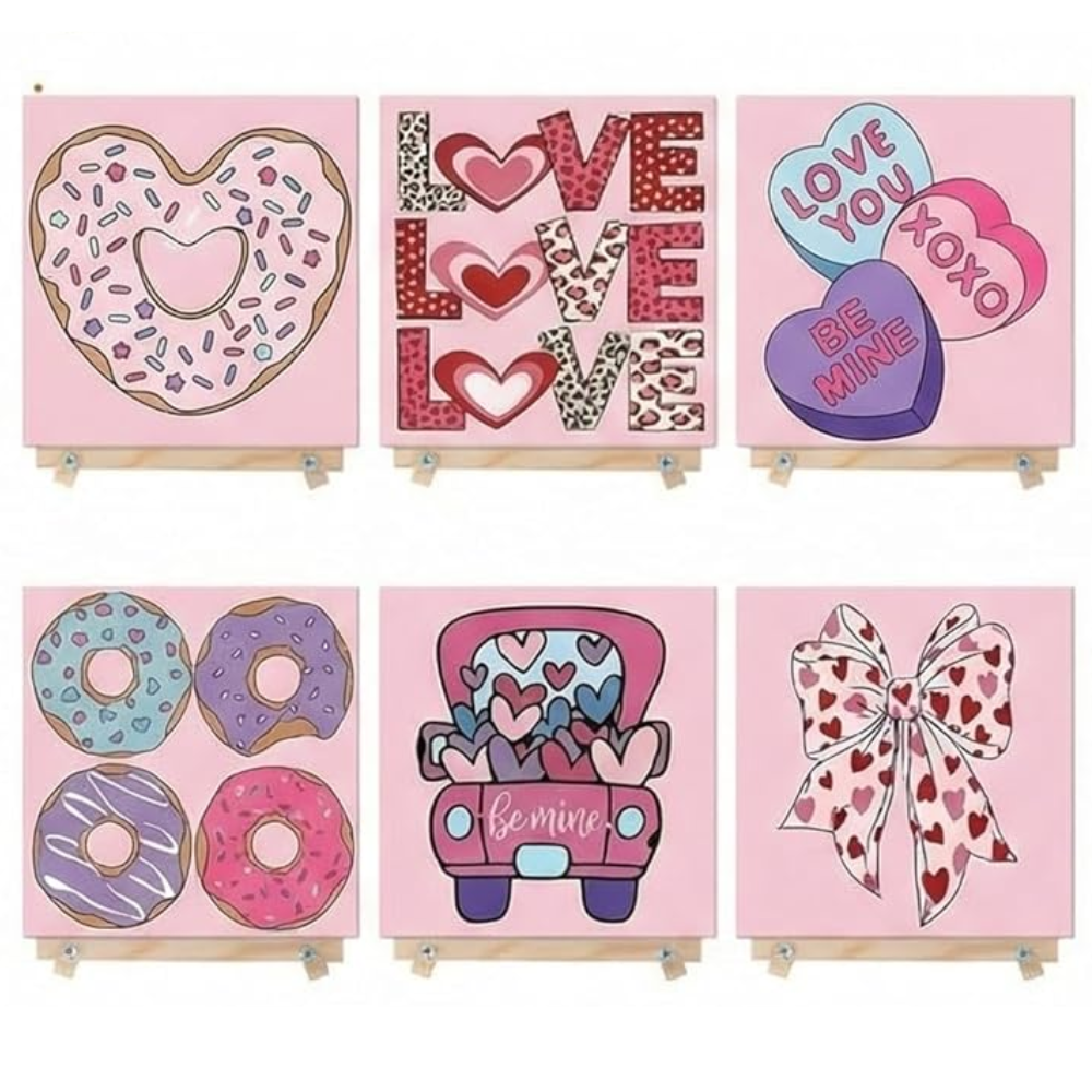 Pack of 6 Valentine Paint by Numbers Kit 8x8 Inch Canvas Set