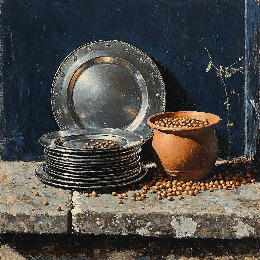 Diego Velázquez Inspired Pewter Plates And Clay Pot Composition paint by numbers
