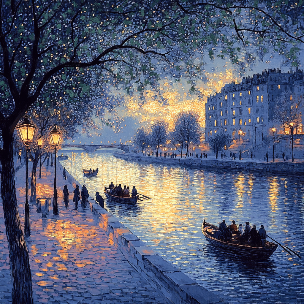 Seurat Inspired Riverboats At Dusk Painting by numbers kit