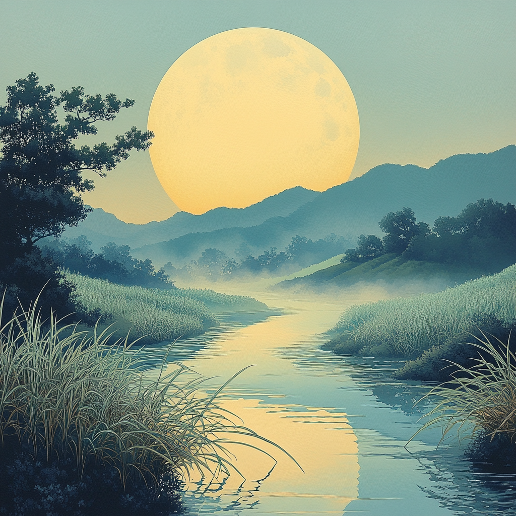 Hiroshige Inspired Moonlit River Reeds paint by number