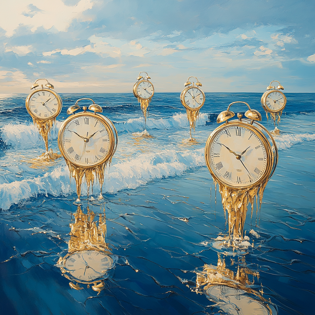 Salvador Dali Inspired Floating Clocks In Ocean paint by color