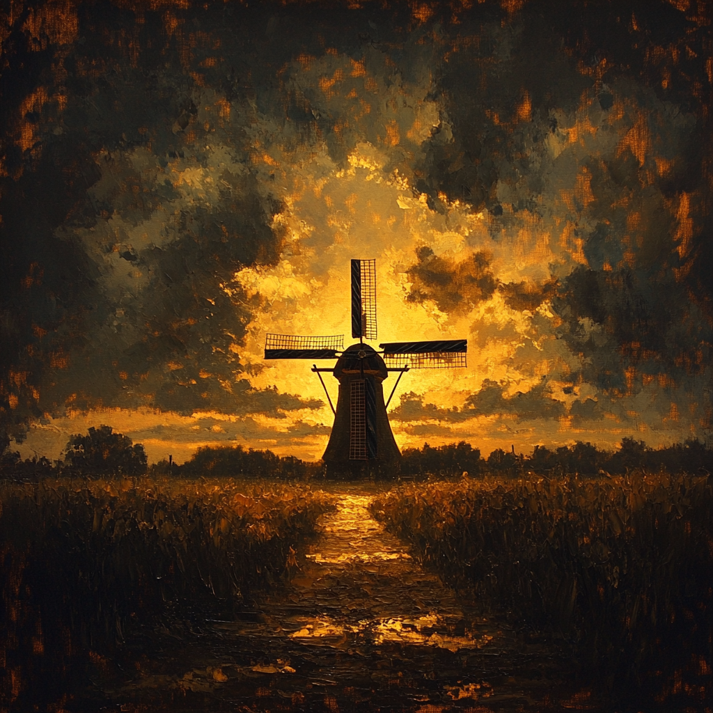 Rembrandt Inspired Windmill Silhouetted Against Dusk DIY paint by numbers