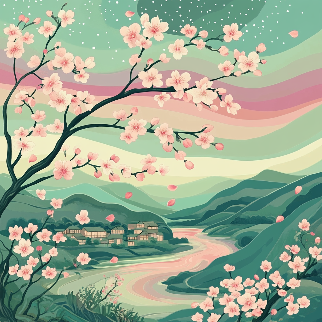 Hiroshige Inspired Cherry Blossom Aurora Painting by numbers kit