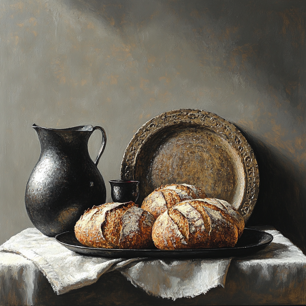 Diego Velázquez Inspired Rustic Bread Wine And Pewter Composition Numbered painting kitsDiego Velázquez Inspired Rustic Bread Wine and Pewter Composition - DIY Painting By Numbers Kit - Image 5