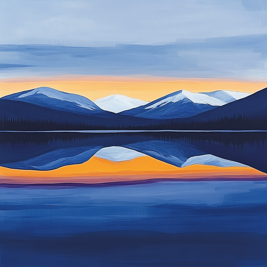 Lawren Harris Inspired Tranquil Cerulean Lake Reflection Number painting