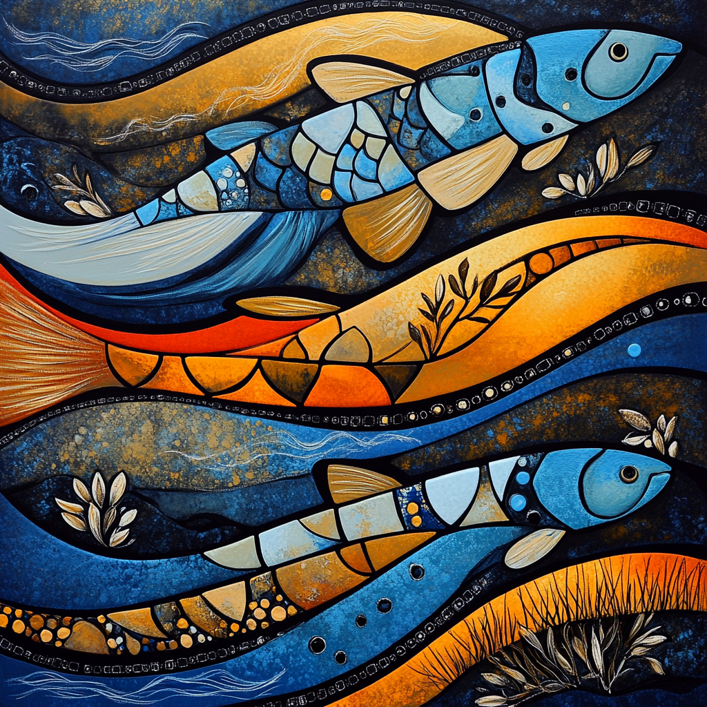 Norval Morrisseau Inspired Salmon Of The Sacred Current paint by numbers