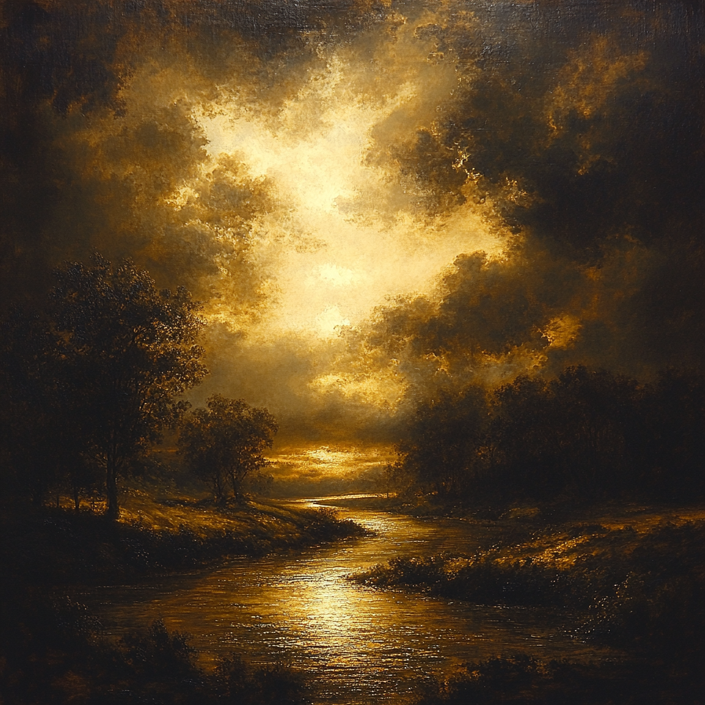 Rembrandt Inspired Twilight River Bend With Golden Light paint by color