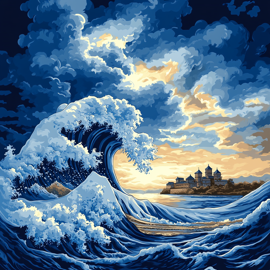 Hokusai Inspired Ocean Wave And Distant Castle paint by color