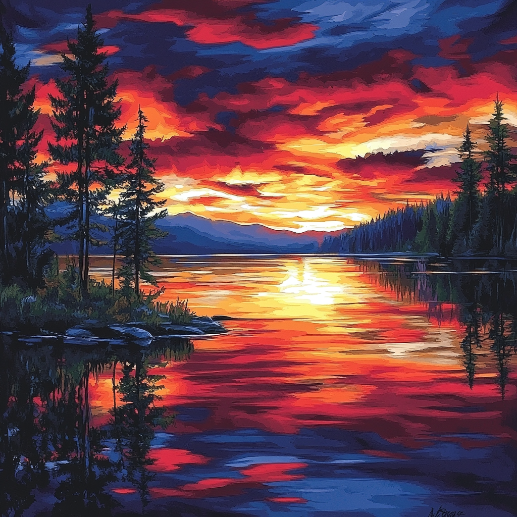 Frederick Varley Inspired Crimson Twilight Across Quiet Lake paint by color