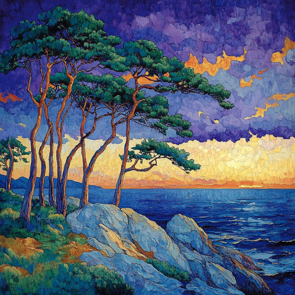 Emily Carr Inspired Windswept Coastal Pines At Dusk paint by number