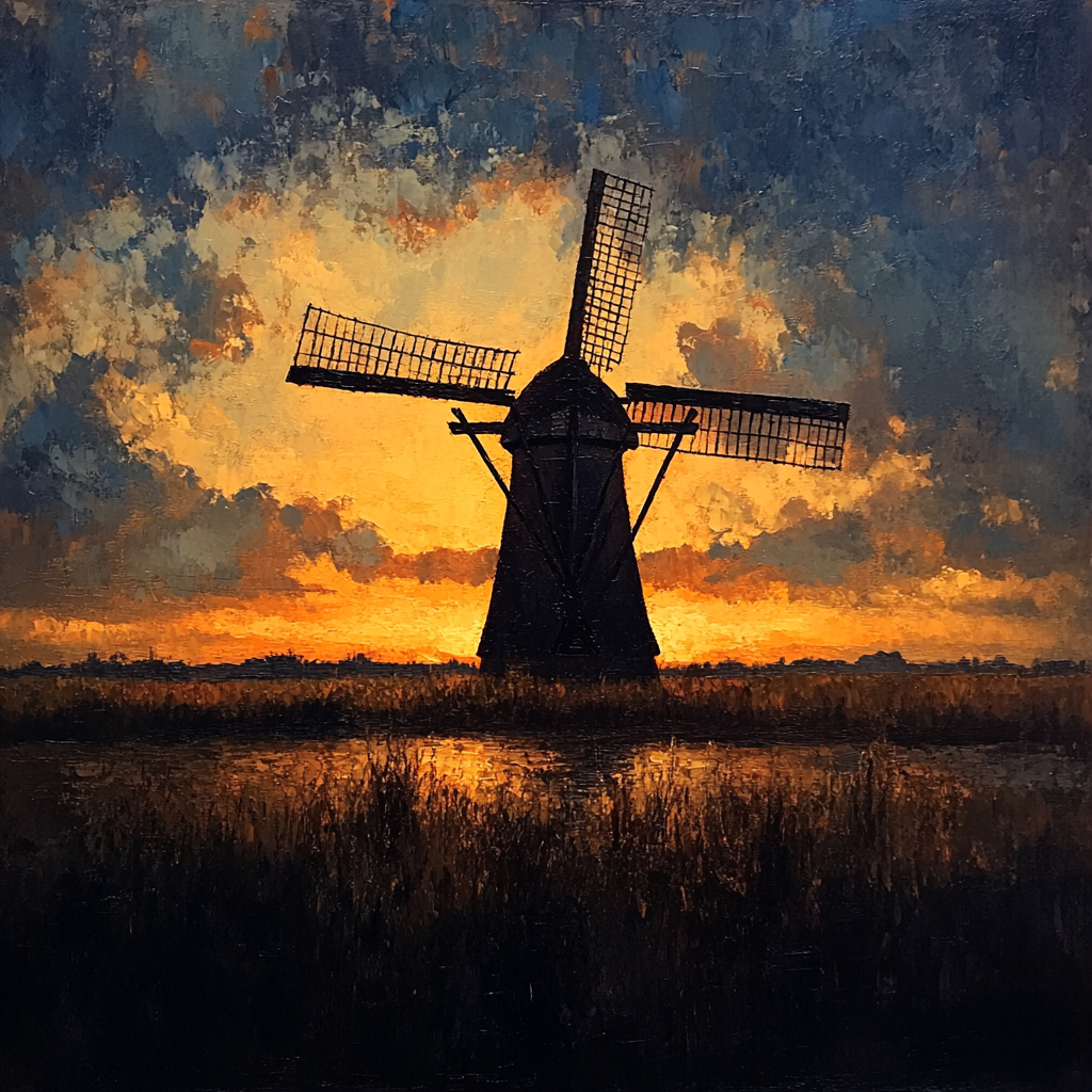 Rembrandt Inspired Windmill Silhouette At Dusk paint by color