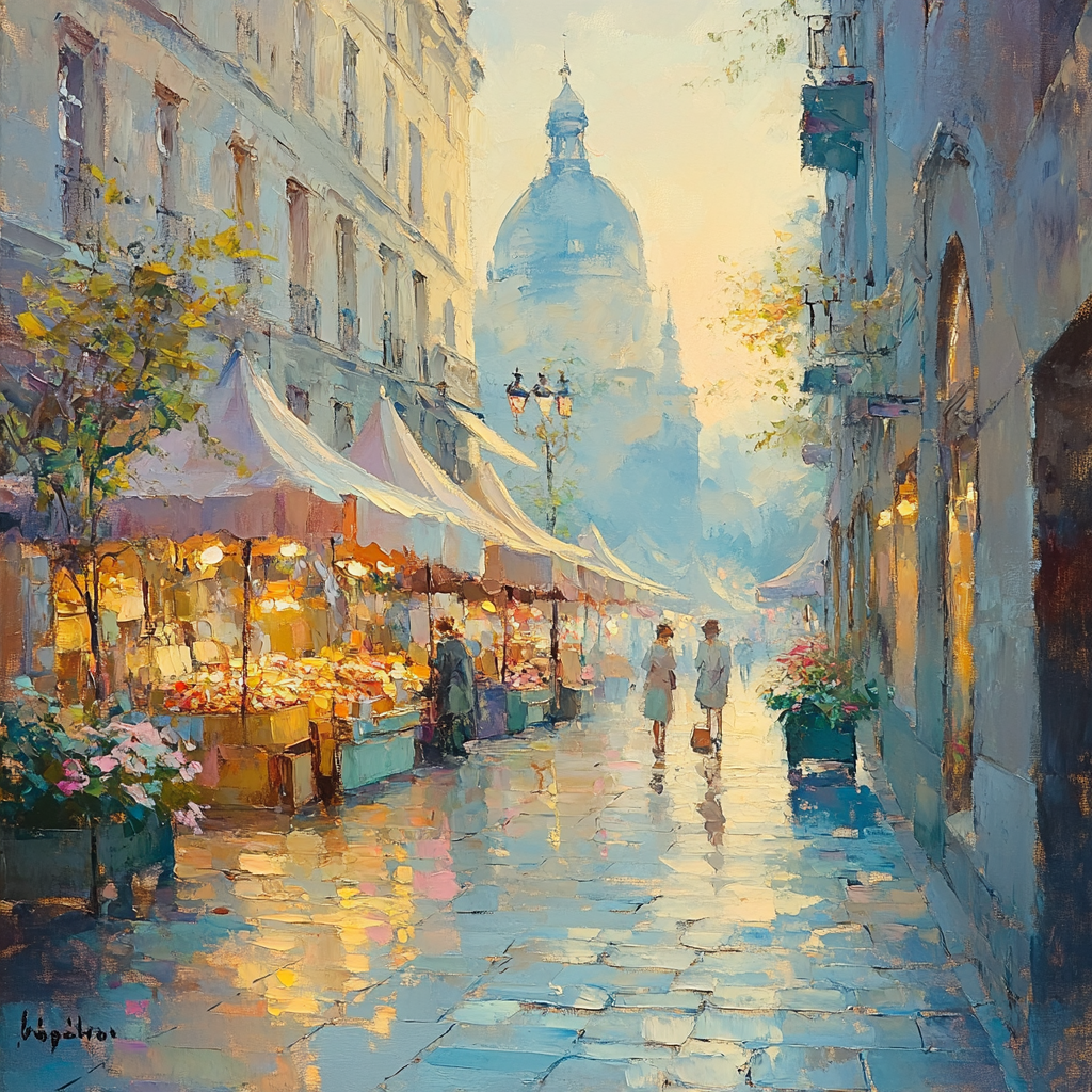 Monet Inspired Foggy Village Market Numbered painting kits