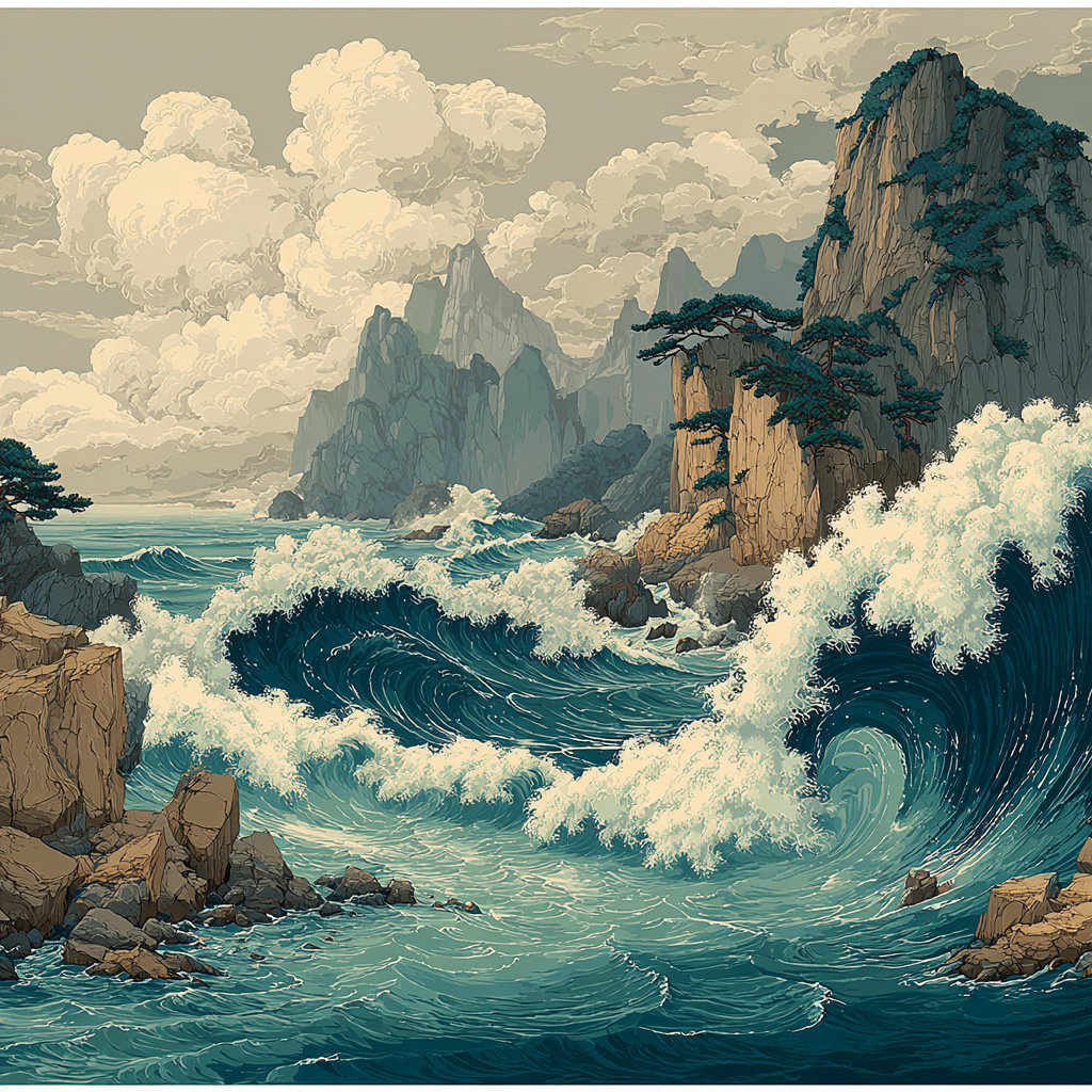 Hokusai Inspired Mountain Waves paint by number