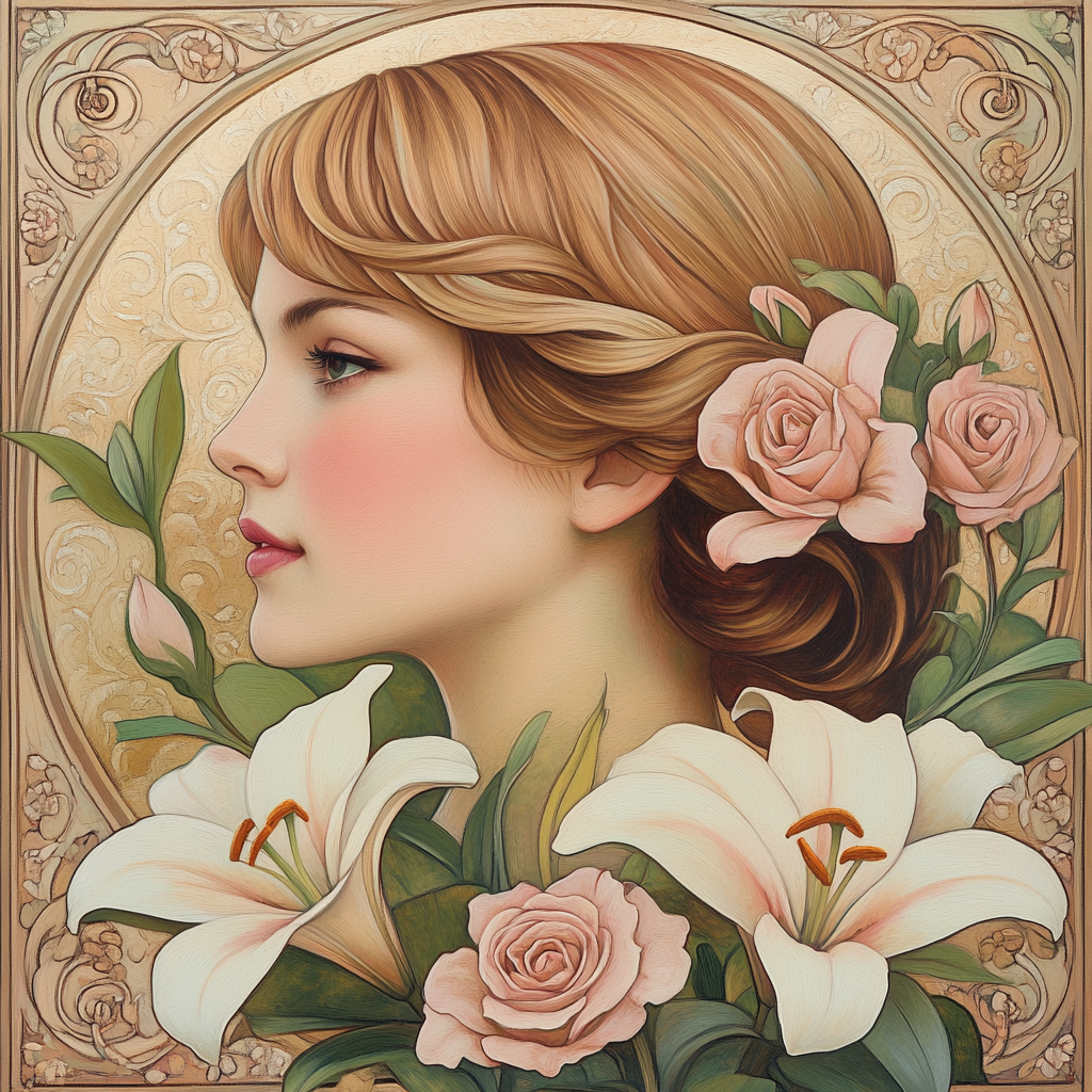 Alphonse Mucha Inspired Floral Portrait paint by number