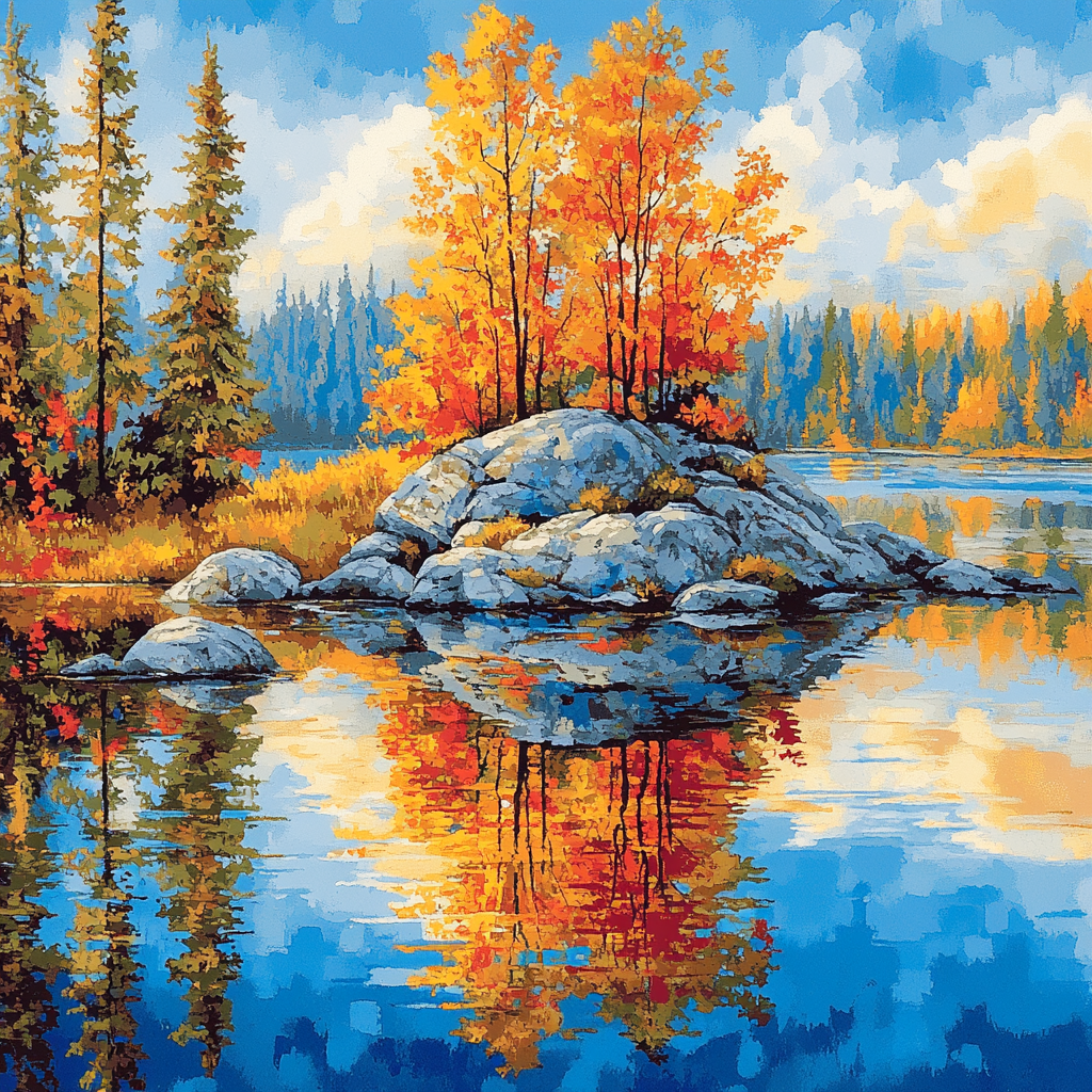 Franklin Carmichael Inspired Luminous Autumn Island Reflection paint by color
