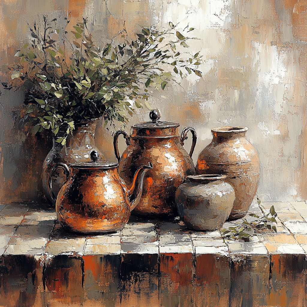 Diego Velazquez Inspired Copper Kettle And Clay Jars Arrangement paint by color