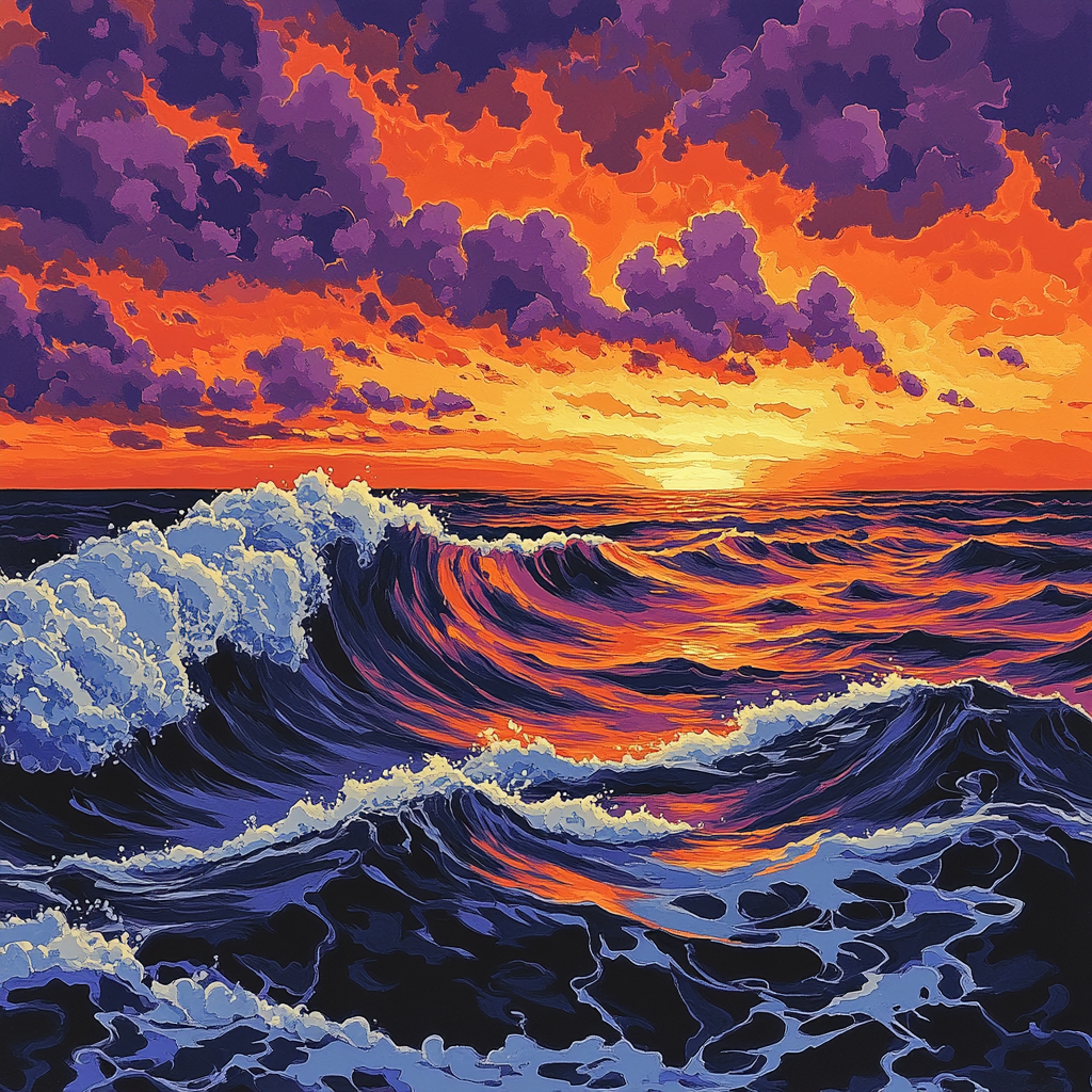 Hokusai Inspired Ocean Waves At Sunset Paint by numbers art