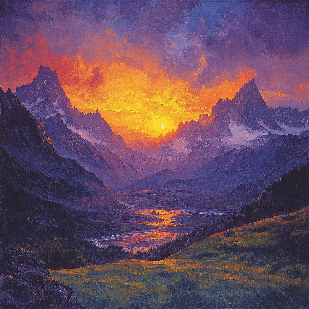 J.M.W Turner Inspired Sunset Over Mountains Number painting