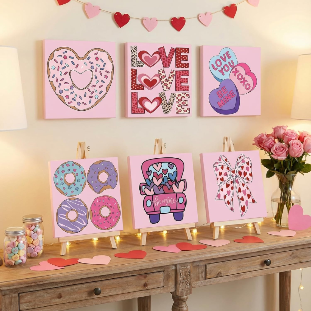Pack of 6 Valentine Paint by Numbers Kit 8x8 Inch Canvas Set