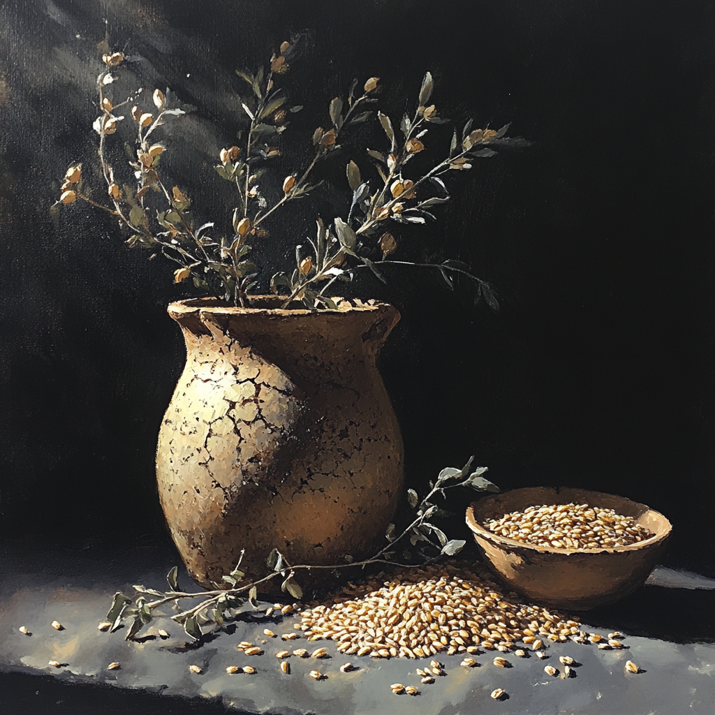 Caravaggio Inspired Cracked Earthenware And Withered Herbs Number painting