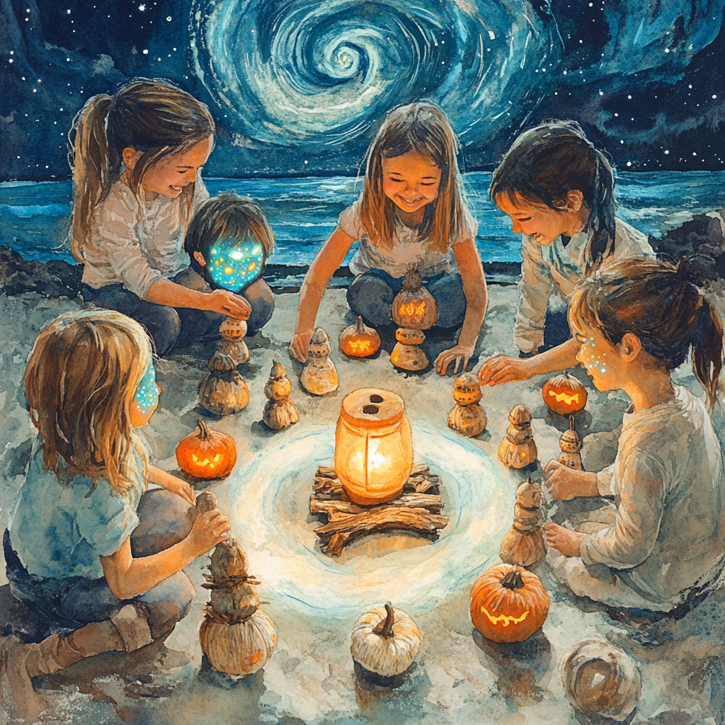 Children Carving Cosmic Totems Haunted Night paint by number