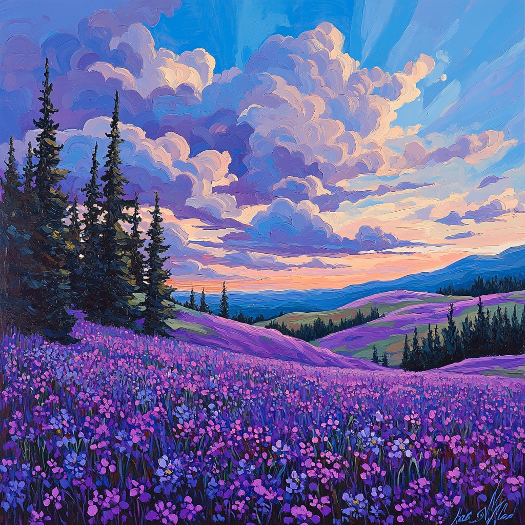 J E H MacDonald Inspired Layered Sky Over Purple Meadow Vistas Number painting