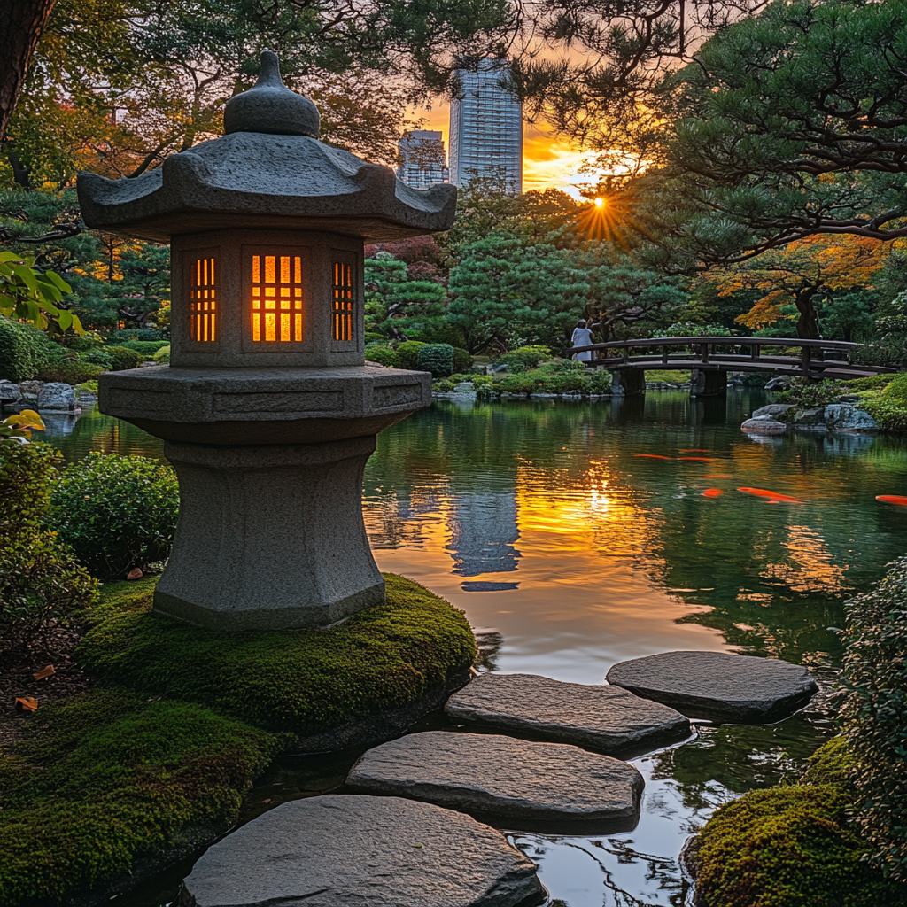 Kiyosumi Garden Lantern Sunset - Tokyo, Japan painting number kit