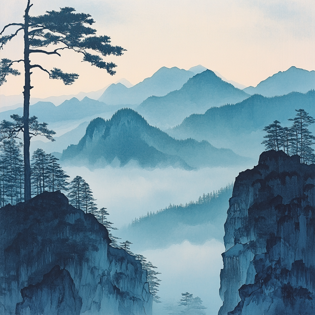 Hiroshige Inspired Serene Mountain Mist Number painting