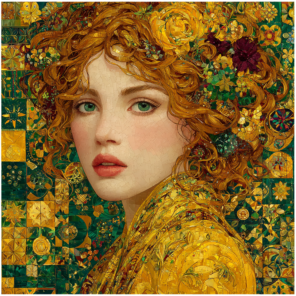 Gustav Klimt Inspired Golden Floral Portrait paint by color
