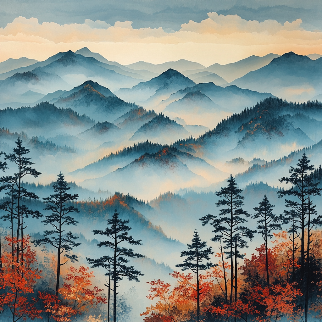 Hiroshige Inspired Autumn Mountain Mist painting number kit