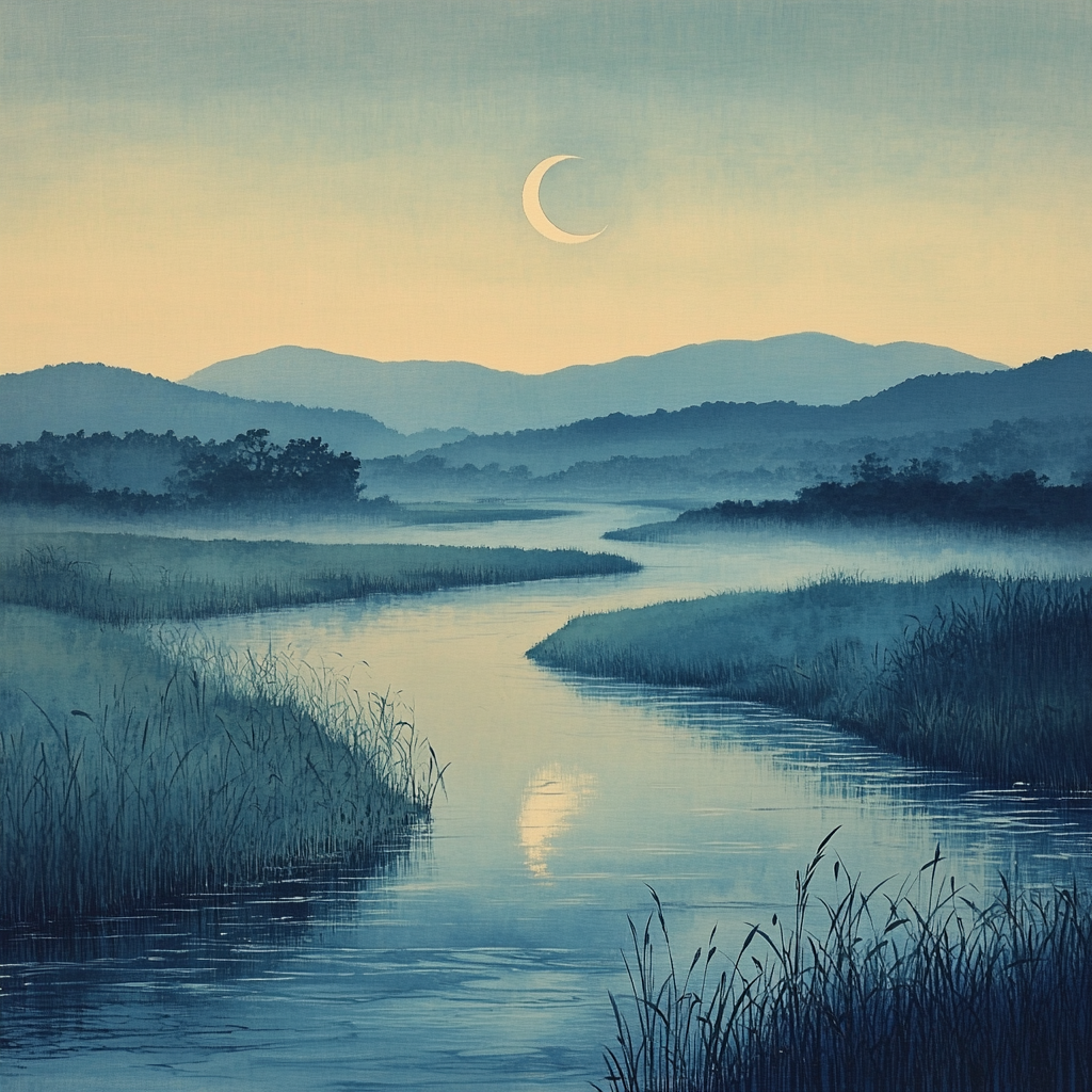 Hiroshige Inspired Moonlit River Mist paint by color