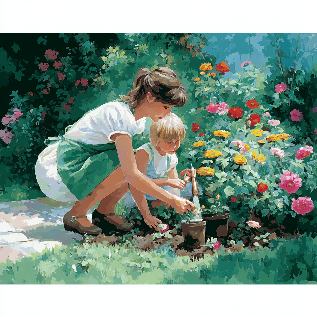Mother And Child In The Garden Number Painting