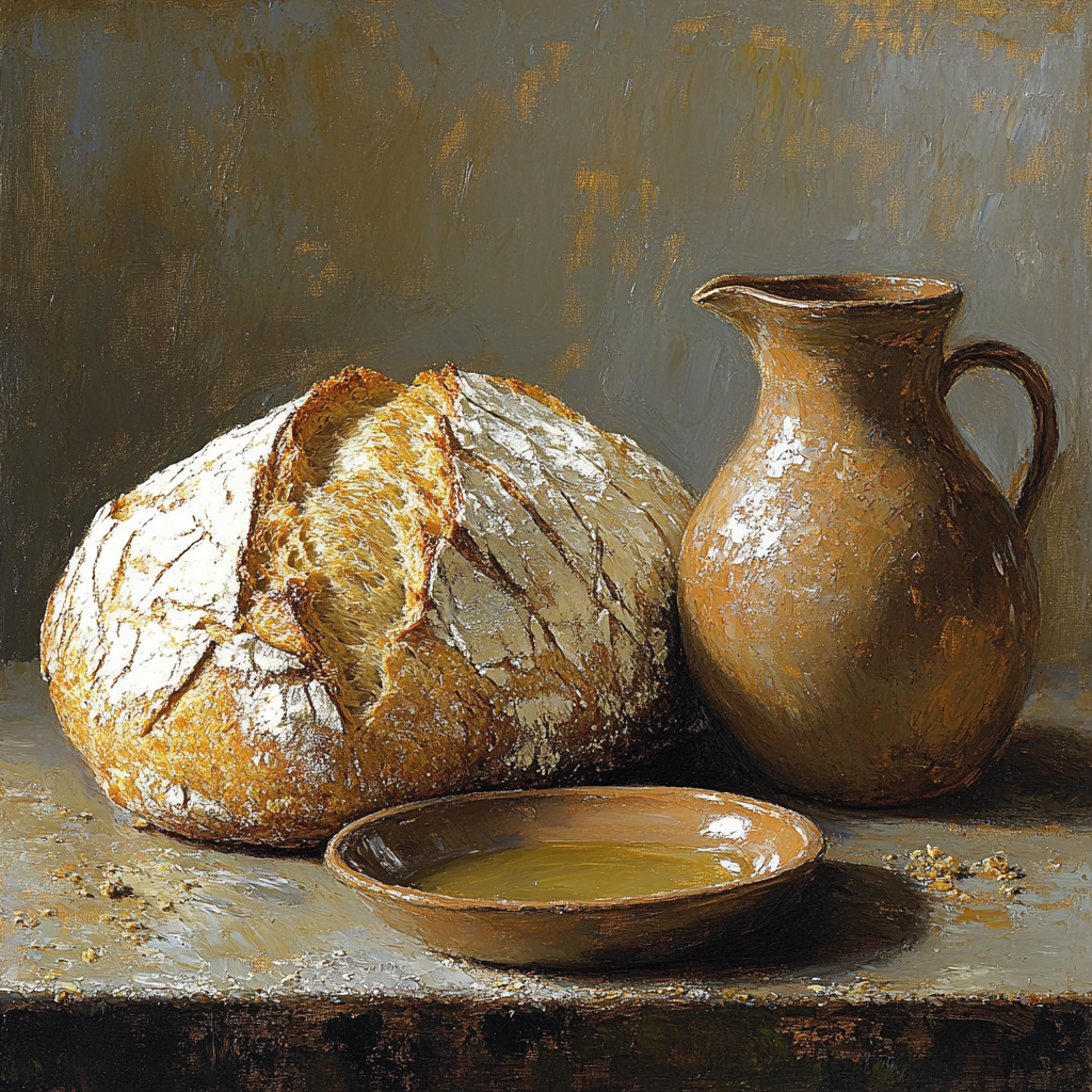 Diego Velázquez Inspired Bread And Wine Vessel Arrangement paint by color