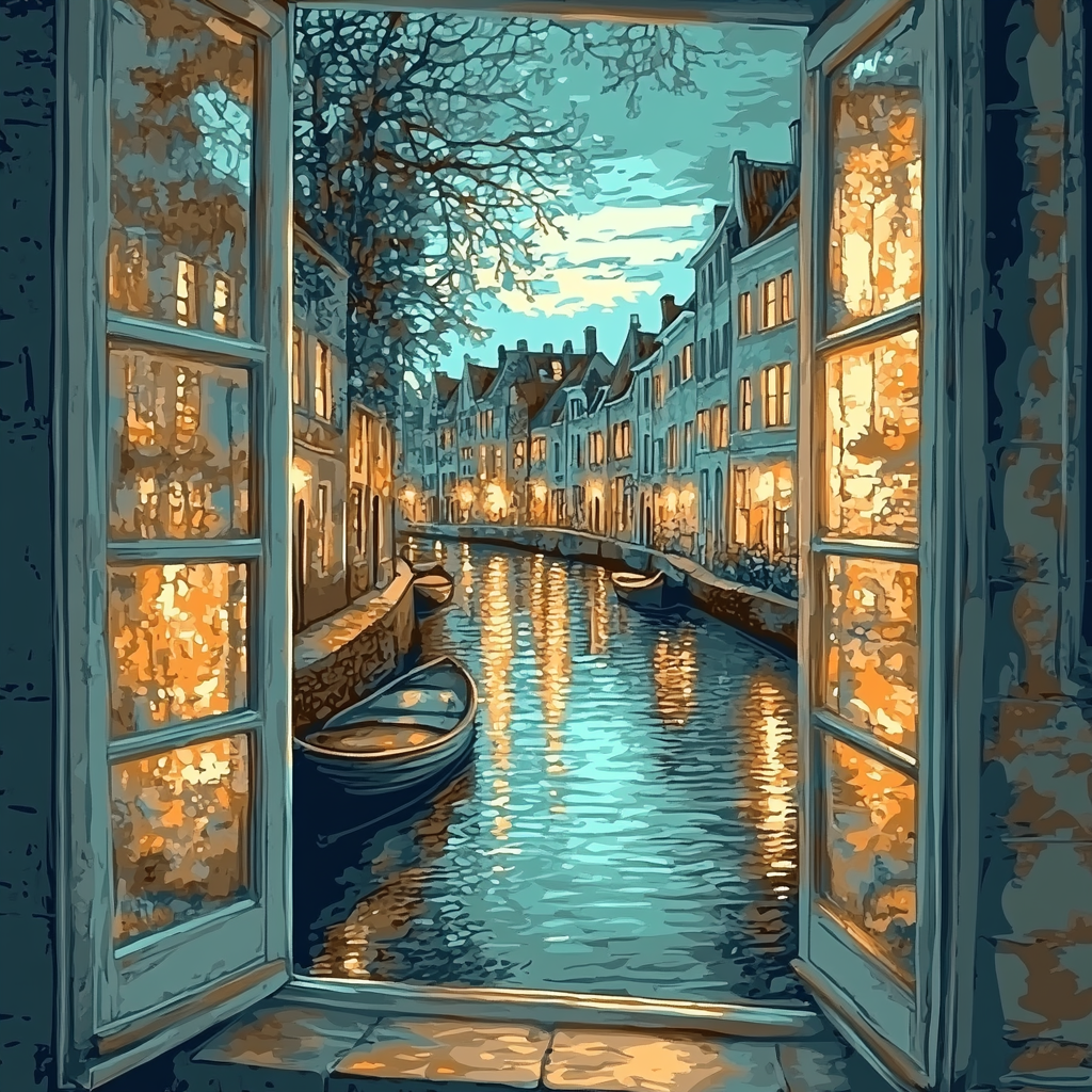 Johannes Vermeer Inspired Glowing Reflection In Delft Canal Window Painting by numbers kit