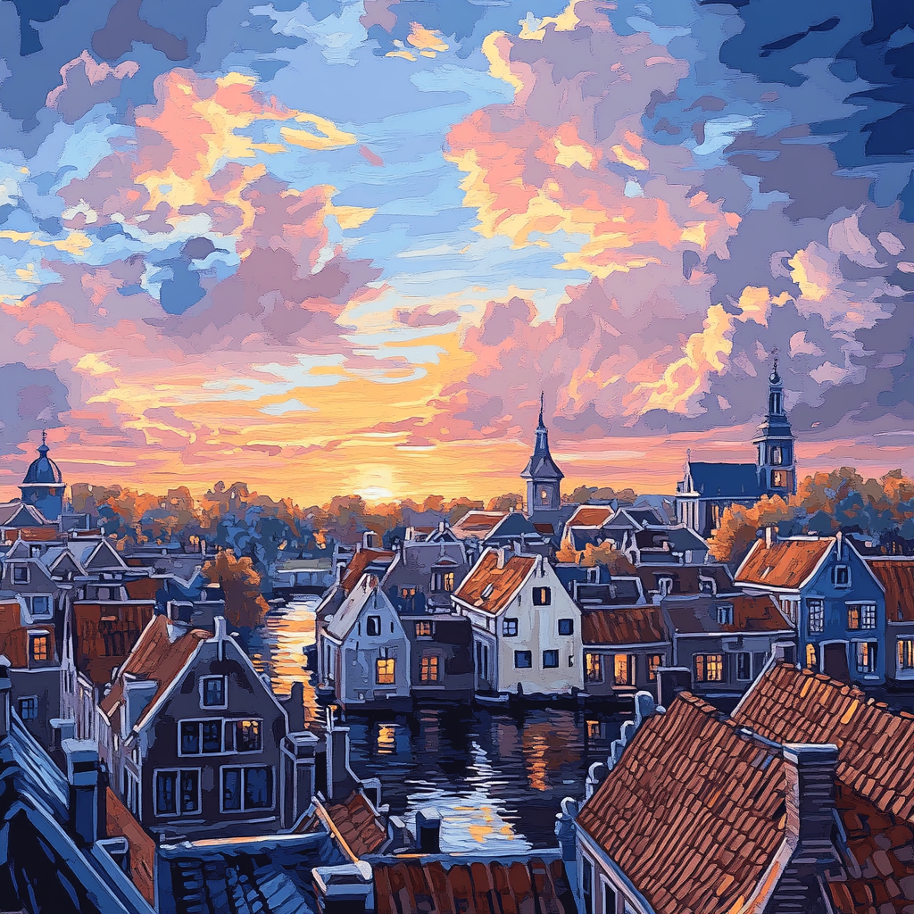 Johannes Vermeer Inspired Delft Rooftops At Sunset Glow Paint by numbers kits