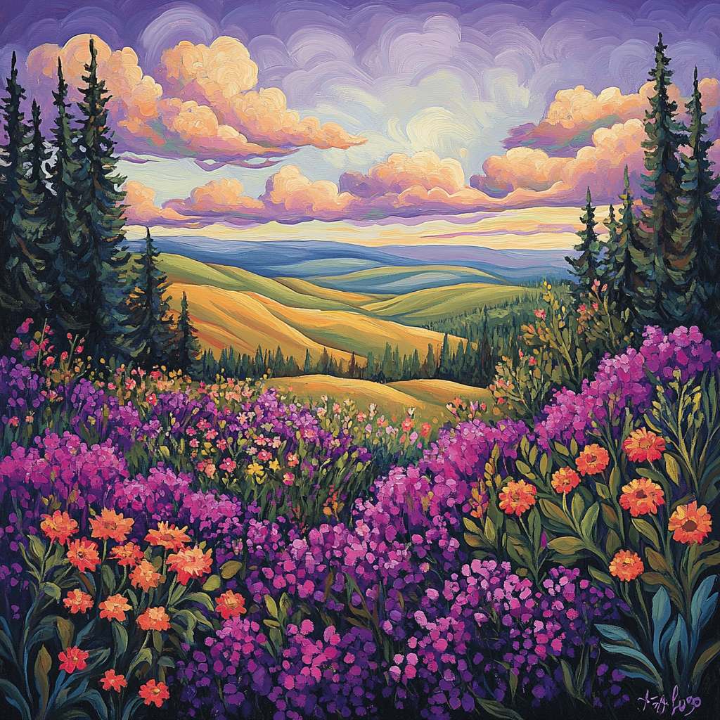 J. E. H. MacDonald Inspired Meadow Of Wildflowers And Clouds paint by number