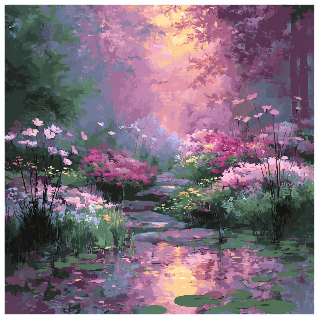 Monet Inspired Sunrise Over Flowering Garden Numbered painting kits