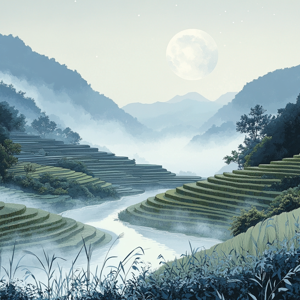 Hiroshige Inspired Moonlit Rice Terraces paint by numbers