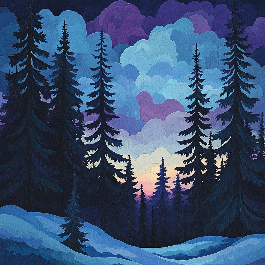 J. E. H. MacDonald Inspired Winter Pines Silhouetted Against Twilight DIY paint by numbers