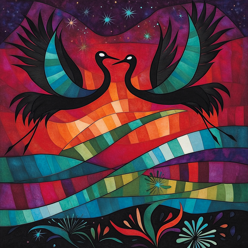 Norval Morrisseau Inspired Cranes Of The Aurora Veil Number painting