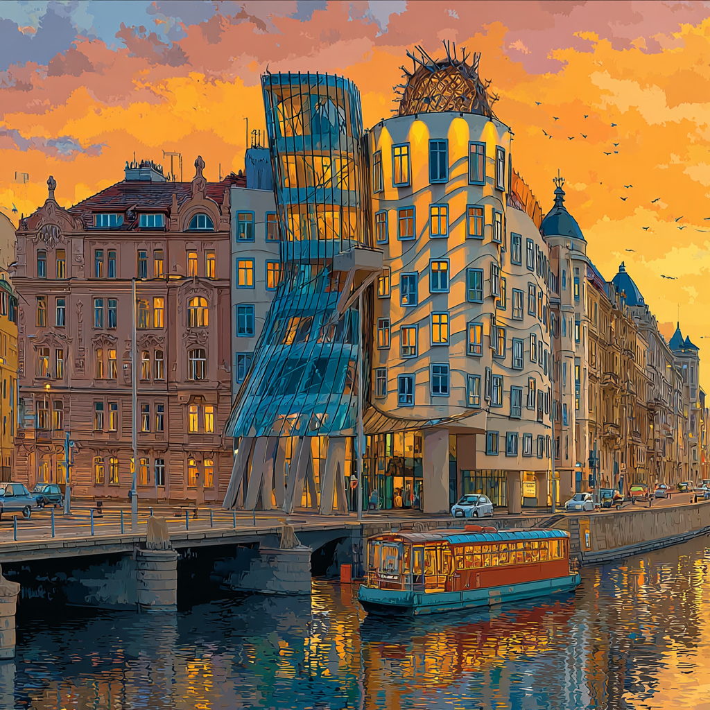 Dancing House Reflection Prague Czech Republic paint by numbers