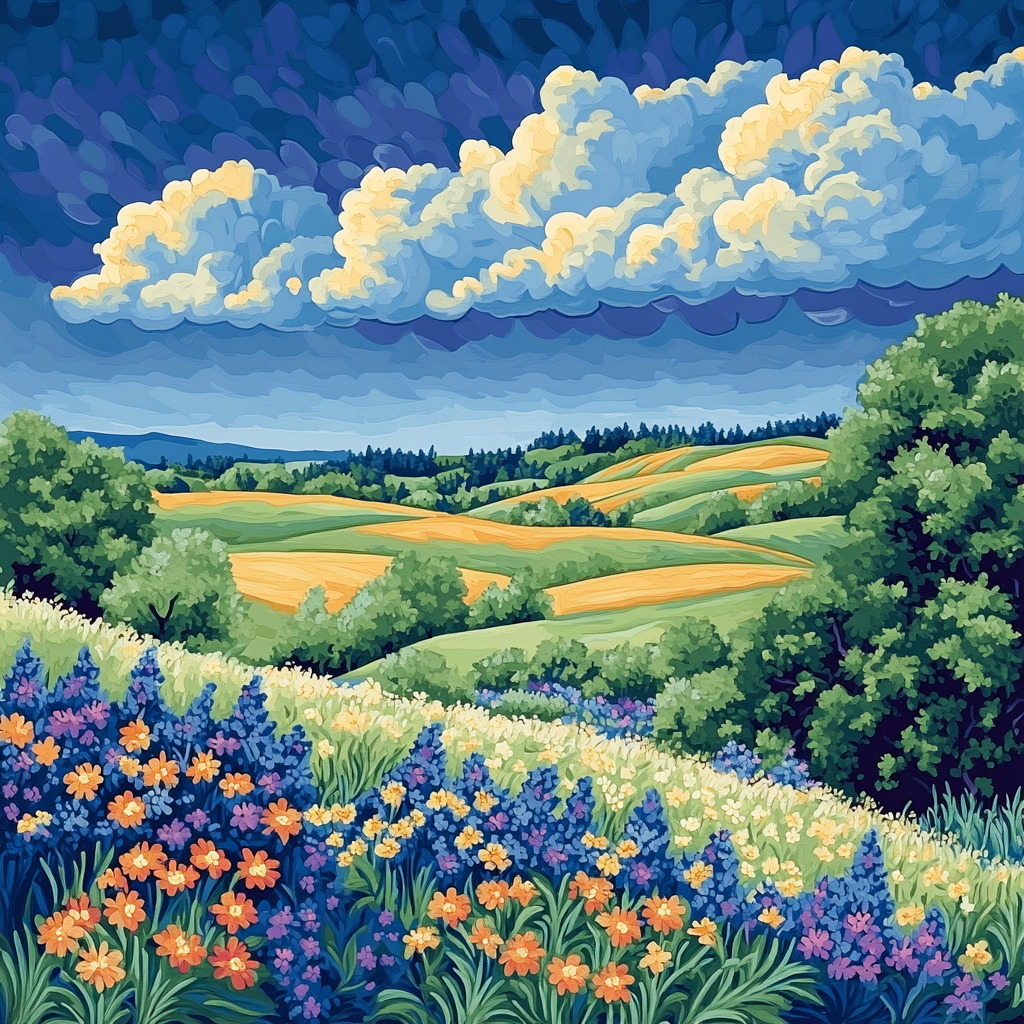 J. E. H. MacDonald Inspired Meadow Of Wildflowers And Decorative Sky painting number kit