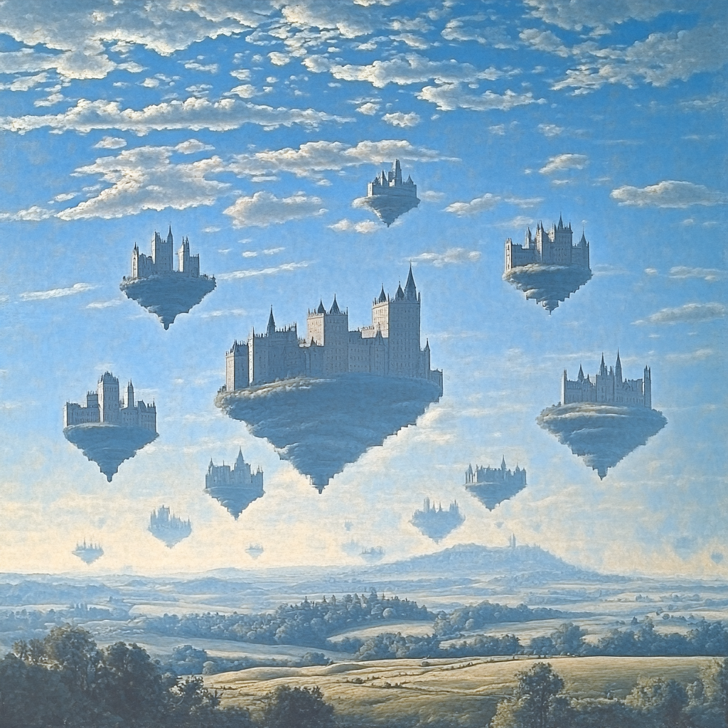 René Magritte Inspired Floating Castles paint by color